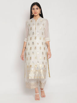 Biba - Off White Floral Kurta With Mask (Set of 2)