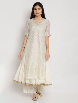 Biba - Off White Woven Kurta With Inner Slip (Set of 2)