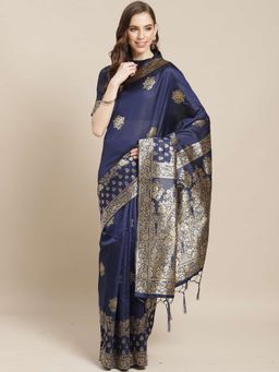 Sareemall - Navy Blue Handloom Saree Unstitched Blouse