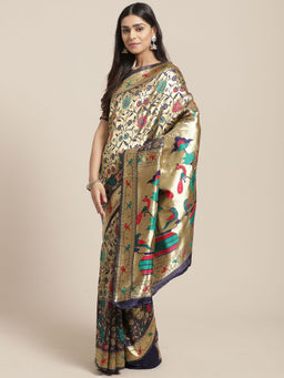 Sareemall - Navy Blue Party Silk Blend Banarasi Saree With Unstitched Blouse