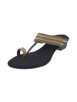 Mochi - Womens Black Block Heel ChappalsMochi Patterned Black Slip Ons