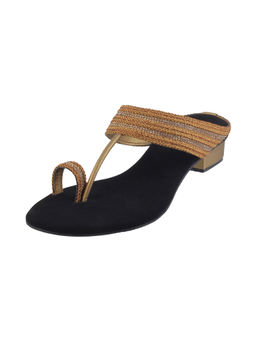 Mochi - Womens Antique Gold Block Heel ChappalsMochi Patterned Bronze Slip Ons