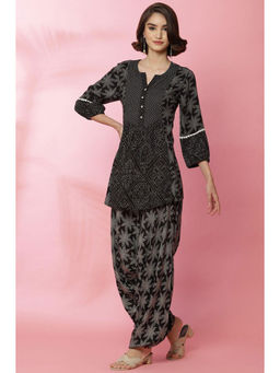 Biba - Black and Off White Viscose Short Kurti With Mask (Set of 2)