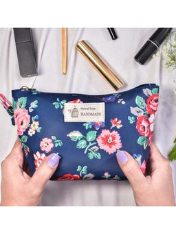 Visual Echoes - Floral Bliss Make Up-Travel Pouch - Navy Blue