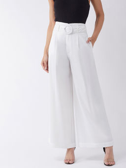 Magre - White Solid Pant With Belt