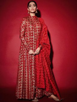 Masaba - Red Scarlet Chiffon Gold Tree Trunk Anarkali Set