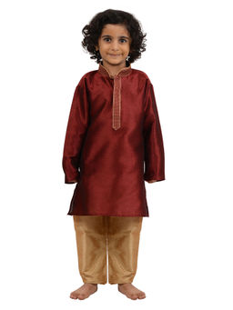 Maharaja - Kids Art Silk Embroidered Kurta Pyjama (Set of 2) In Red For Boys