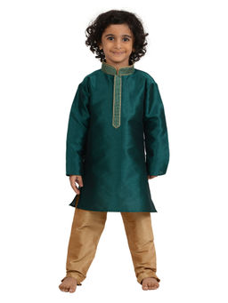 Maharaja - Kids Art Silk Embroidered Kurta Pyjama (Set of 2) In Green For Boys