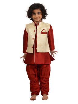 Maharaja - Kids Art Silk Red Kurta Pyjama (Set of 2) With Gold Jacket For Boys