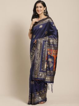 Sareemall - Navy Blue Silk Blend Saree With Unstitched Blouse