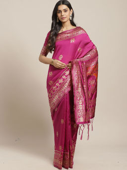 Sareemall - Pink Silk Blend Saree With Unstitched Blouse