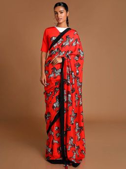 Masaba - Red Horse Saree With White Red Horse Print Unstitched Blouse Piece