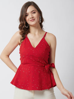 Magre - Red Printed Wrap Peplum Top