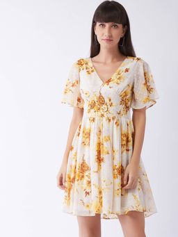 Magre - Brown Printed Front Smocking A-Line Flared Dress