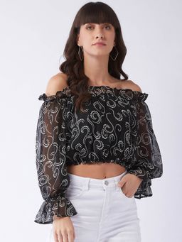 Magre - Black White Dot Off Shoulder Crop Top