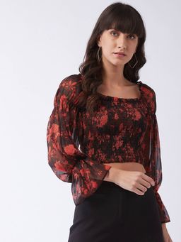 Magre - Red Print Front Smocking Crop Top