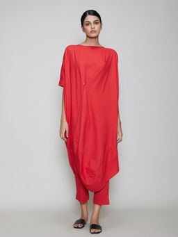 Mati - Cowl Button Tunic and Pant-Red (Set of 2)