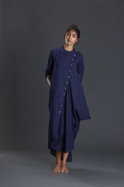 Mati - Navy Blue Bottoned Ooch Neech Aakaar Dress - Customisable