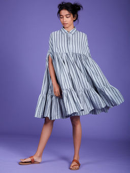 Mati - Powder Blue Stripes Cape Dress - Customisable