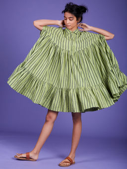 Mati - Light Green Stripes Cape Dress - Customisable