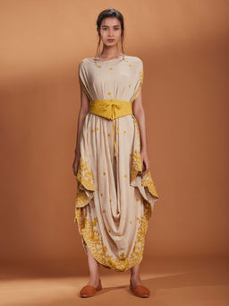 Mati - Off White Cowl Maxi Dress With Belt - Customisable