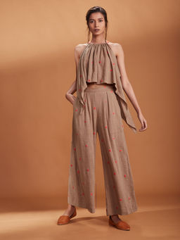Mati - Khaki Halter Neck Top With Pant- Customisable - (Set of (2)