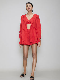 Mati - Hooded Jacket and Bralette with Shorts - Red (Set of 3)