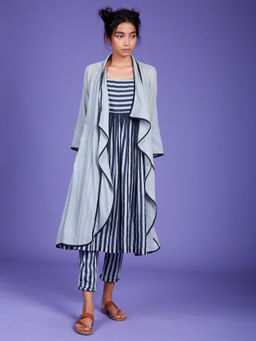 Mati - Powder Blue Stripes Jana Tunic & Pant With Jacket - Customisable (Set of 3)