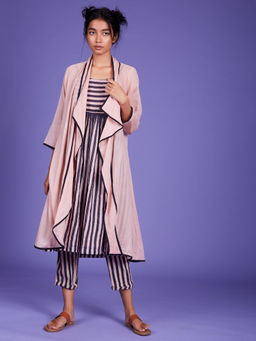 Mati - Baby Pink Stripes Jana Tunic & Pant With Jacket - Customisable (Set of 3)