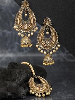 Priyaasi - Off White Beads Artificial Stones Gold Plated Maang Tikka with Earrings