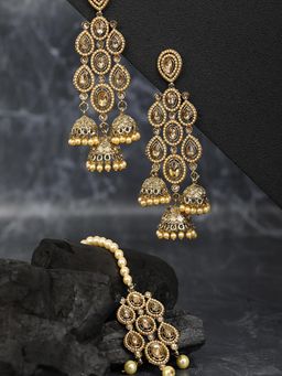 Priyaasi - Off White Beads Artificial Stones Gold Plated Maang Tikka with Earrings