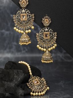 Priyaasi - Off White Beads Artificial Stones Gold Plated Maang Tikka with Earrings