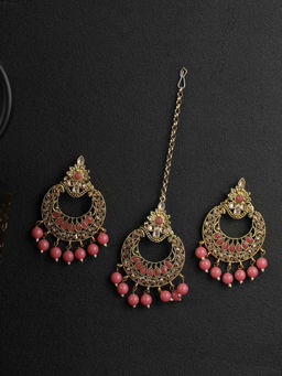 Priyaasi - Kundan and Pink Stone Studded Maang Tikka and Earring Set