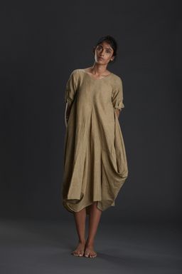 Mati - Khaki Handloom Ooch Neech Aakaar Dress - Customisable