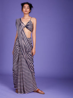 Mati - Baby Pink Stripes Saree With Stitched Blouse - Customisable