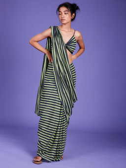 Mati - Light Green Stripes Saree Without Blouse - Customisable