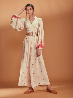 Mati - Off White Vagola Aakaar Wrap Top With Pant- Customisable - (Set of (2)