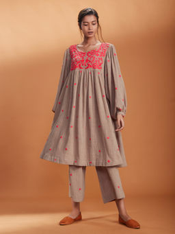 Mati - Khaki Yosa Aakaar Anarkali With Pant- Customisable - (Set of (2)