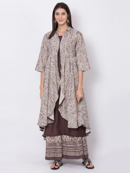 Biba - Taupe Kurta With Printed Shrug (Set of 2)