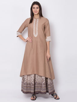 Biba - Brown Solid Asymmetric Kurta