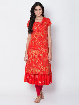 Biba - Red Floral Flared Kurta With Inner (Set of 2)