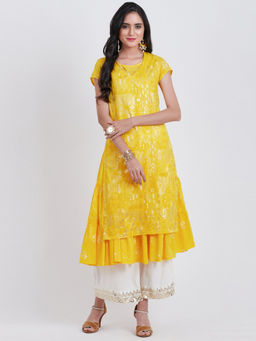 Biba - Yellow Floral Flared Kurta With Inner (Set of 2)