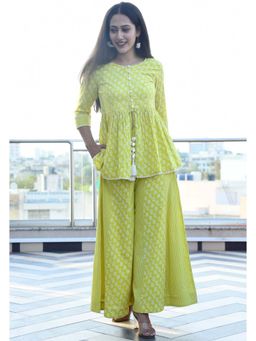 Mulmul - By Aerabella Lime Flora-Striped Top & Paneled Plazzo