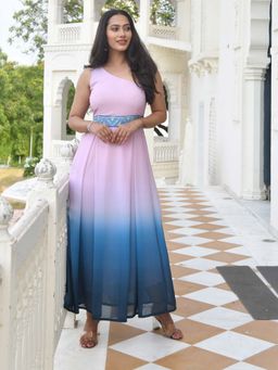Mulmul - Porfirio Pink-Blue One Shoulder Dress