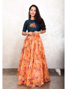 Mulmul - By Aerabella Green-Orange Rose Garden Top & Skirt