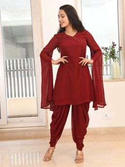 Mulmul - Nurani Maroon Kurta & Dhoti (Set of 3)