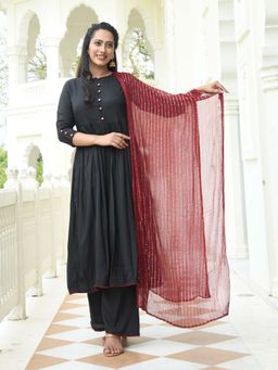 Mulmul - Kiara Black-Maroon Suit (Set of 3)