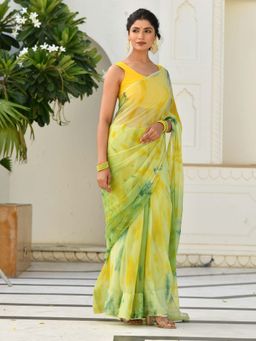 Mulmul.com - Green-Yellow Poppies Chiffon Saree