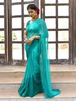 Mulmul.com - Teal Orchid Chiffon Saree