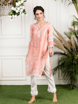 Mulmul - Peach Silk Morning Glory Kurta